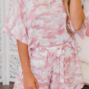 Pink Lily Next to you Camo Dolman Blouse & Flowy Camo Shorts - Mauve